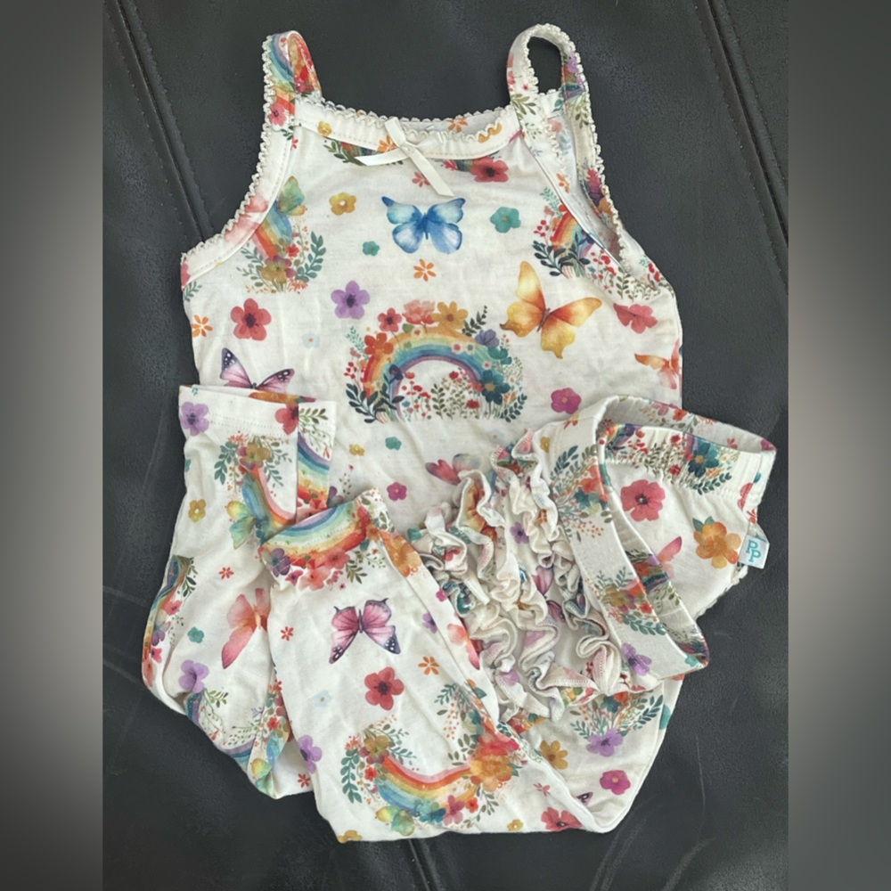 Posh Peanut cami bodysuit and ruffle pants rainbow, butterfly print 6-12M